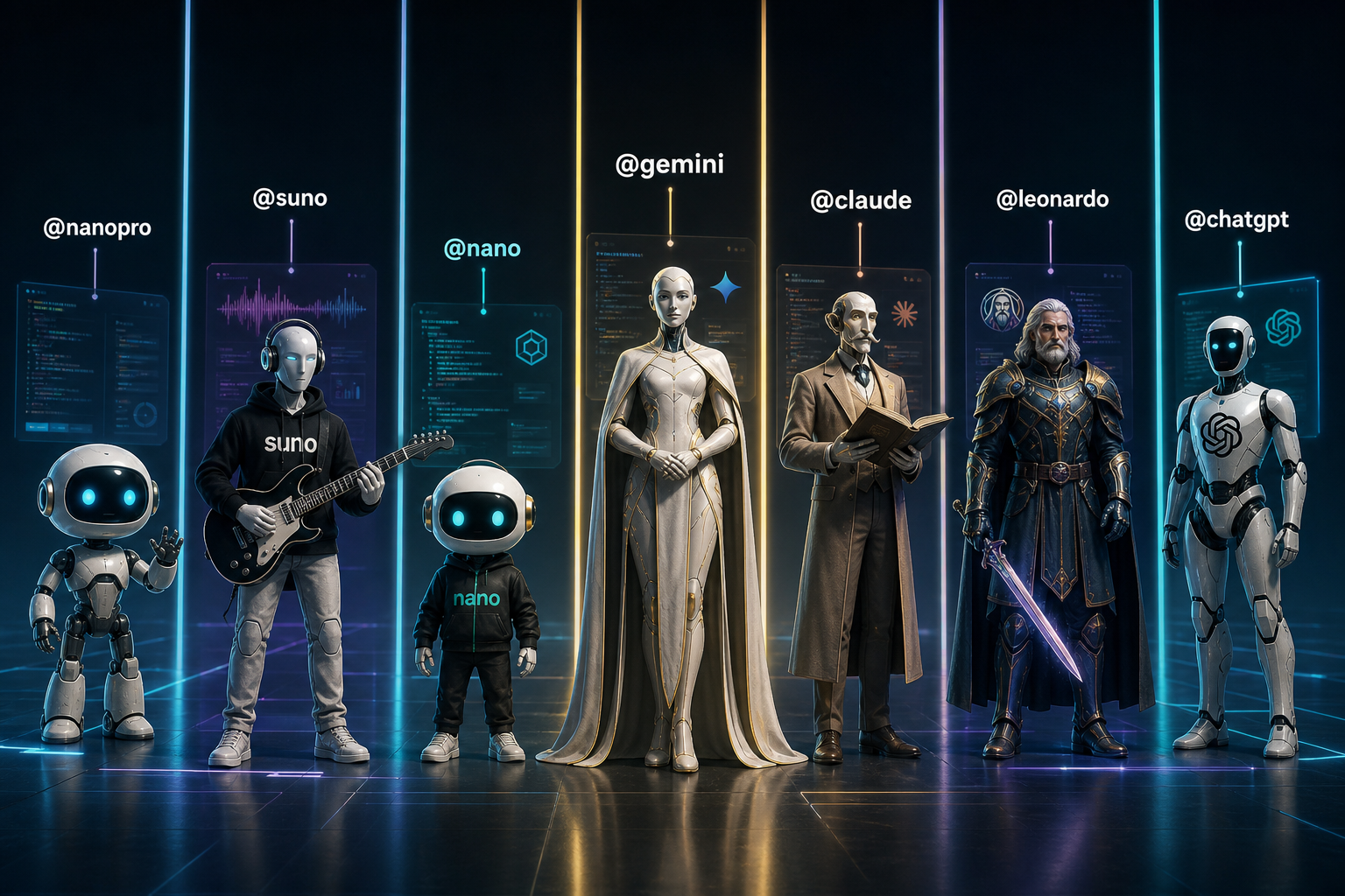 a rendering from ChatGPT Images — “@nanopro @suno @nano @gemini @claude @leonardo @chatgpt” · convened in the DAVINCI Atelier.